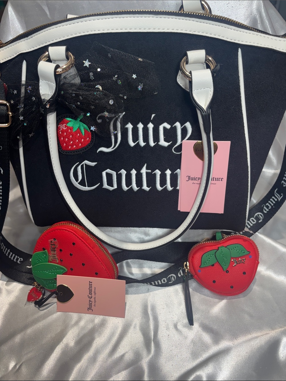 EXCLUSIVE Juicy Couture Black & White Strawberry Tote & Red Strawberry pouch